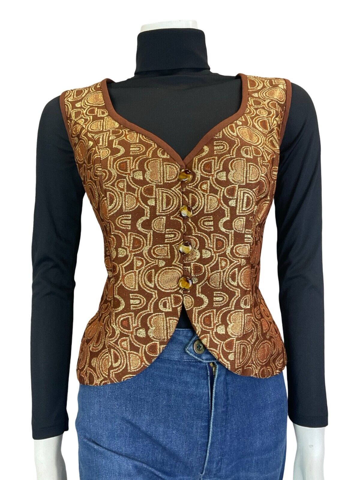 VTG 70S BROWN GOLD COPPER ART DECO GEOMETRIC WAISTCOAT SIZE 16