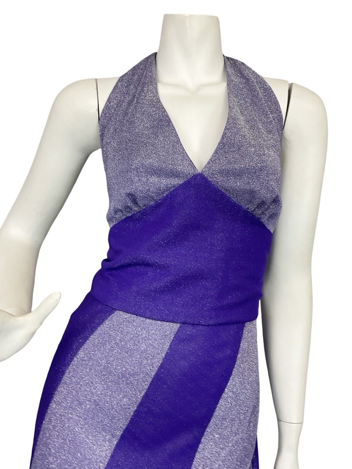 VTG 70S PURPLE LILAC STUDIO 54 TWIST & FLARE DISCO HALTER NECK MAXI DRESS S 8 10