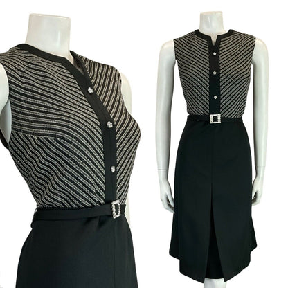 VTG 60S BLACK SILVER STRIPED DIAMANTE PARTY DAISY BUTTON SLEEVELESS DRESS 10 12