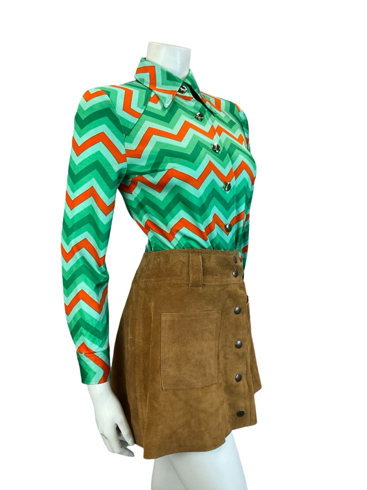 VTG 60S 70S GREEN RED ZIG ZAG GEOMETRIC WING COLLAR SHIRT SIZE 10