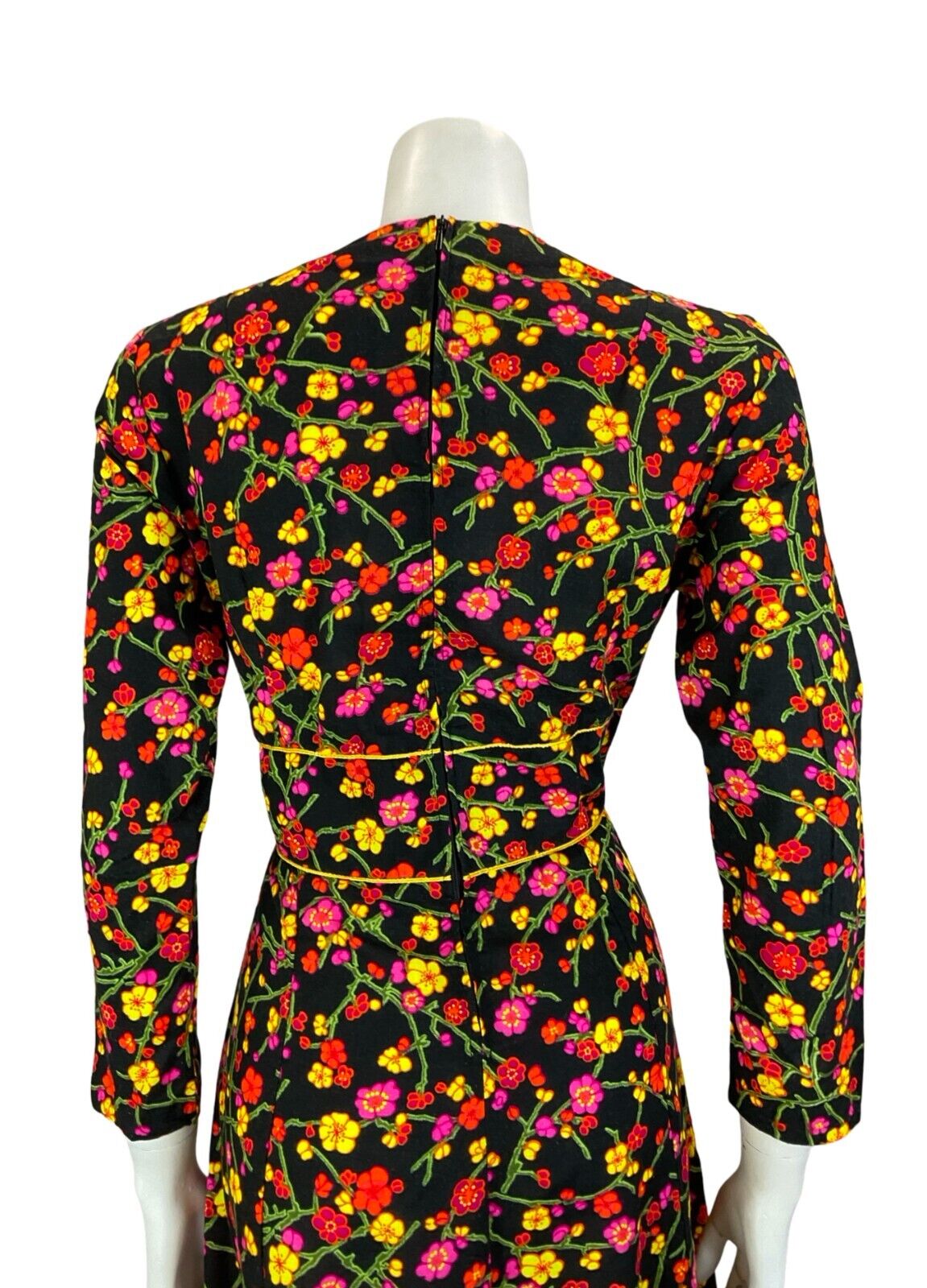 VTG 70S PSYCHDELIC CHERRY BLOSSOM BLACK YELLOW PIINK V NECK LONG SLEEVE DRESS 10