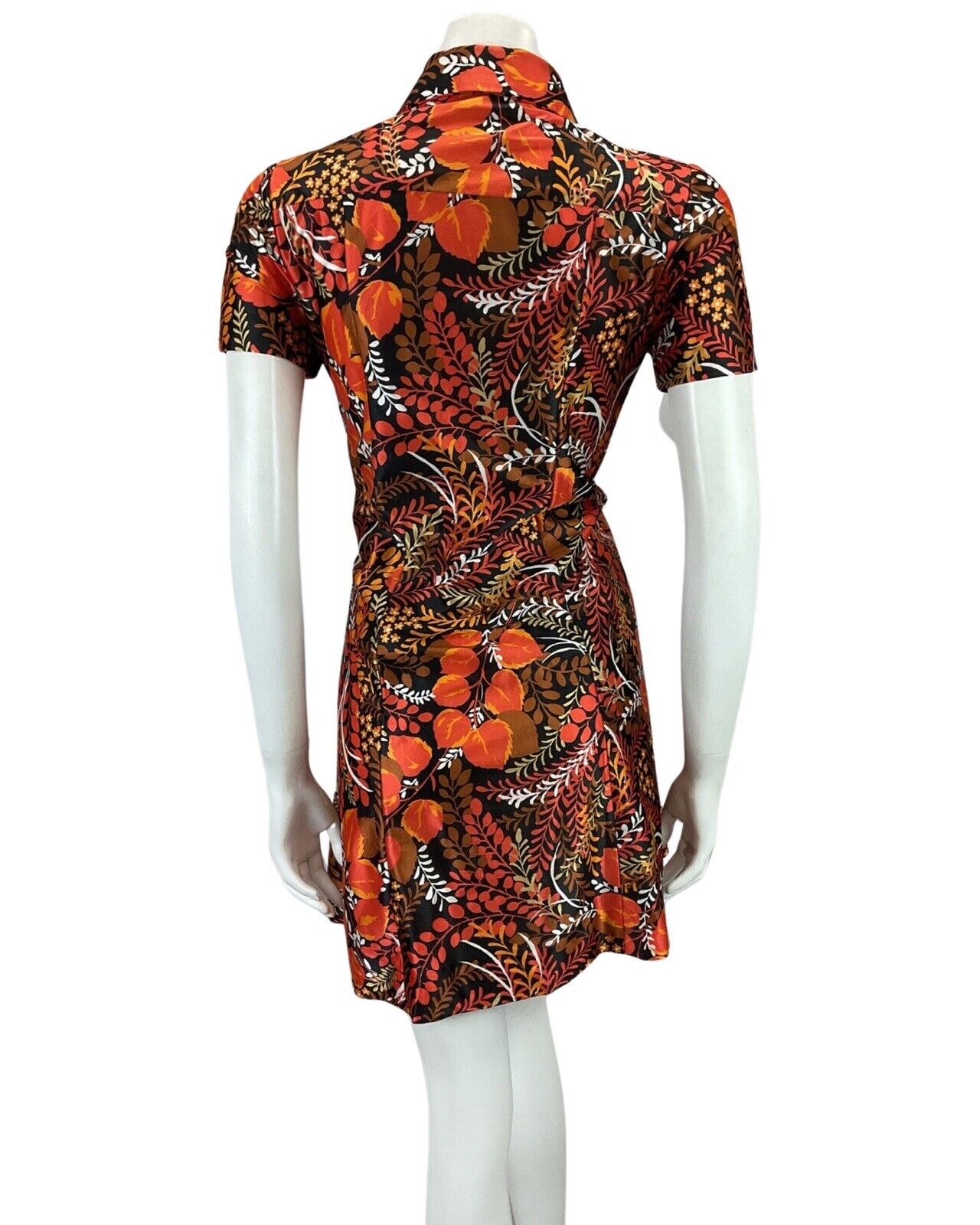 VINTAGE 60s 70s BLACK ORANGE RED FLORAL LEAF PRINT BOHO MOD MINI DRESS 12