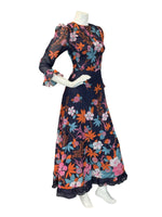 VTG 60s 70s NAVY ORANGE PINK MULTICOLOUR FLOUNCE RUFFLE SLEEVE MAXI DRESS