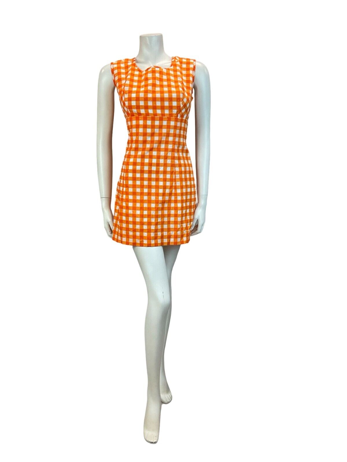 VTG 60S 70S MOD SCOOTER GOGO SUMMER SUN GINGHAM MINI DRESS ORANGE 10 12