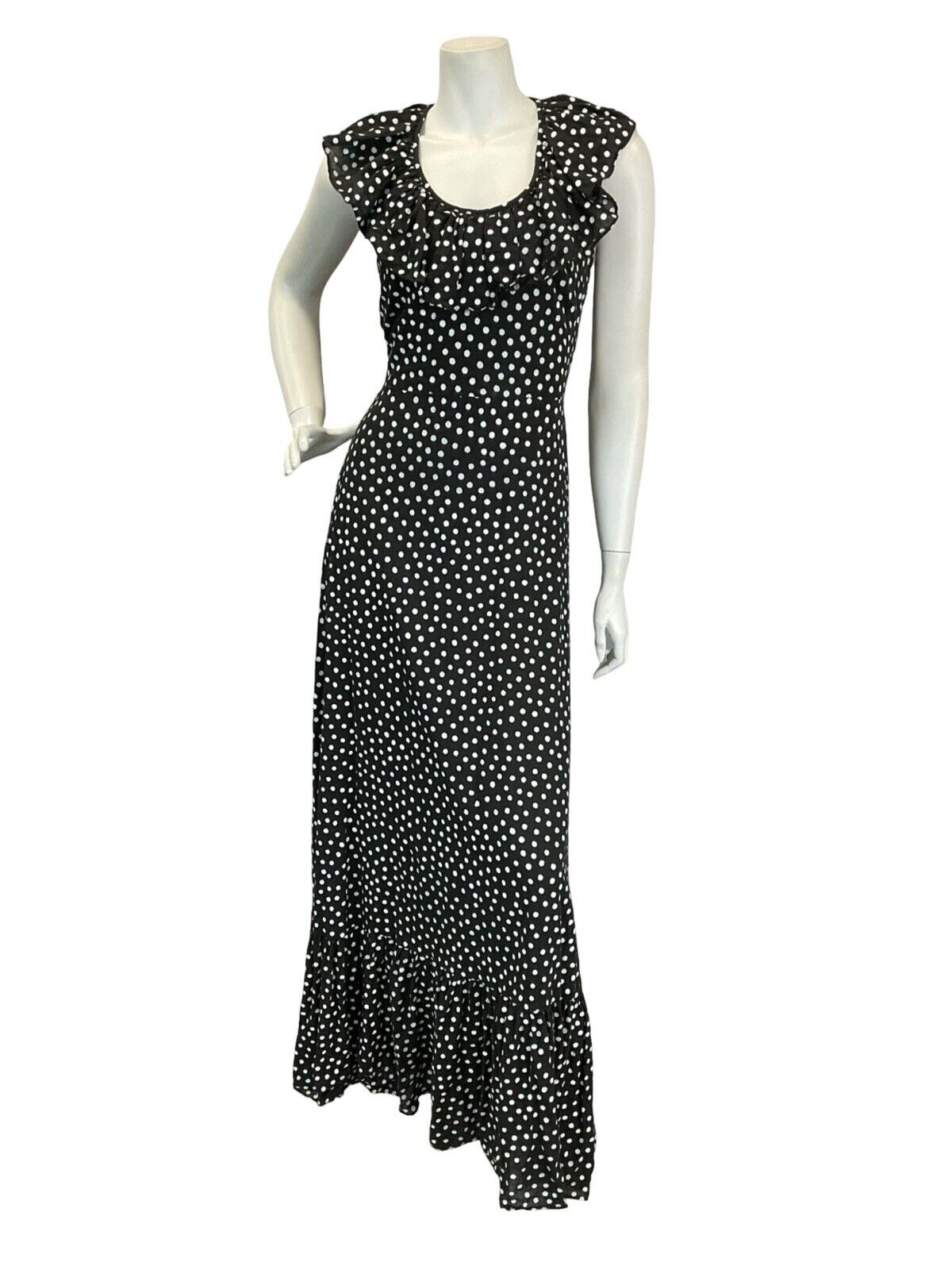 VTG VERA MONT POLKA DOT BLACK WHITE SLEEVELESS RUFFLE SUMMER MAXI DRESS 8 10