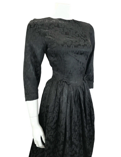 VTG 60S BLACK LEOPARD PRINT BROCADE FITTED DROPPED WAIST BOW PARTY LBD DRESS 6