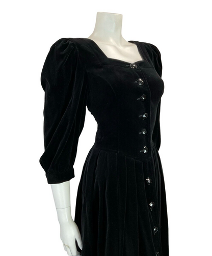 VTG 70S BLACK VELVET BUTTON DOWN MUTTON SLEEVE SWEETHEART NECKLINE MIDI DRESS 10