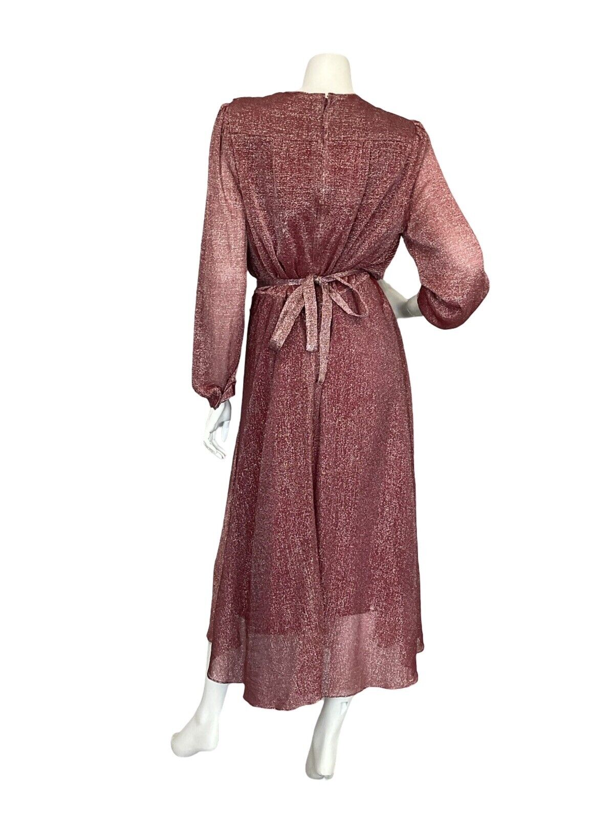 VTG 70S BURGUNDY LUREX LONG SLEEVE BLOUSON TIE WAIST PARTY DRESS 10 12