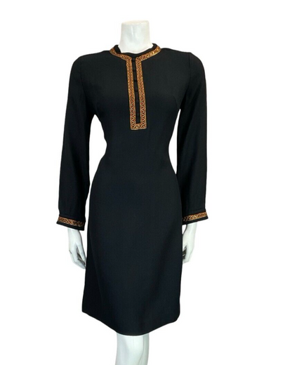 VTG 60S BLACK MEDIEVAL BIB MOD EVENING PARTY GOLD COPPER TRIM TUNIC DRESS 8 10 S