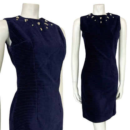 VTG 60S NAVY BLUE CORDUROY PEARL BEAD SLEEVELESS MINI PARTY FORMAL DRESS 8