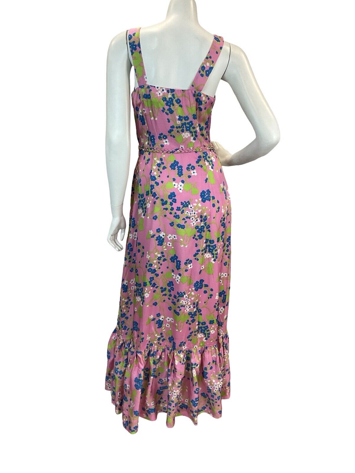 VTG 60s 70s PINK MULTICOLOUR FLORAL PATTERN SQUARE NECK PRAIRIE MAXI DRESS 6 8