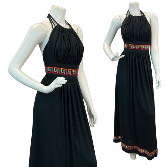 VTG 70S DISCO SUMMER BLACK MULTICOLOUR EMBROIDERED HALTERNECK MAXI DRESS 4