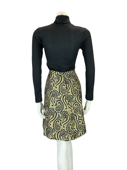 VTG 60S MOD BOHO GOLD BLACK METALLIC PAISLEY PARTY EVENING MINI SKIRT 10