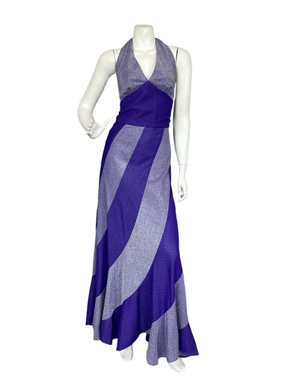 VTG 70S PURPLE LILAC STUDIO 54 TWIST & FLARE DISCO HALTER NECK MAXI DRESS S 8 10