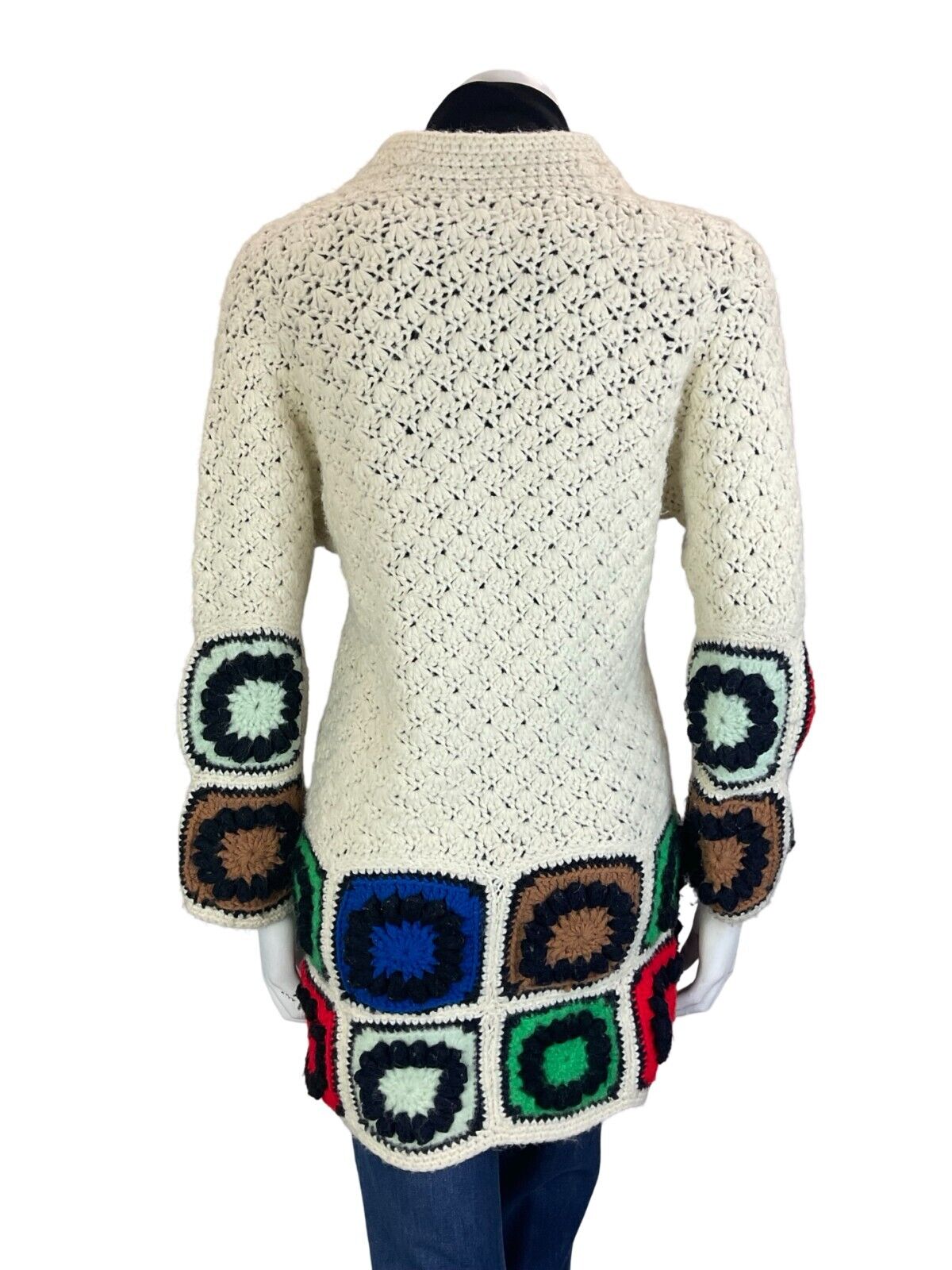 VTG 70S HAND KNIT CROCHET PATCHWORK RED BLUE CREAM NORDIC SCANDI CARDIGAN 10 12