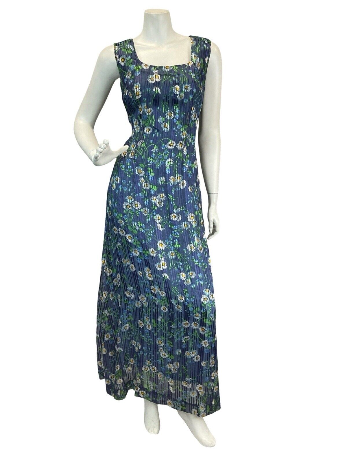 VINTAGE 60s 70s DAISY PRINT BLUE SEMI-SHEER LINED MAXI DRESS 10 12