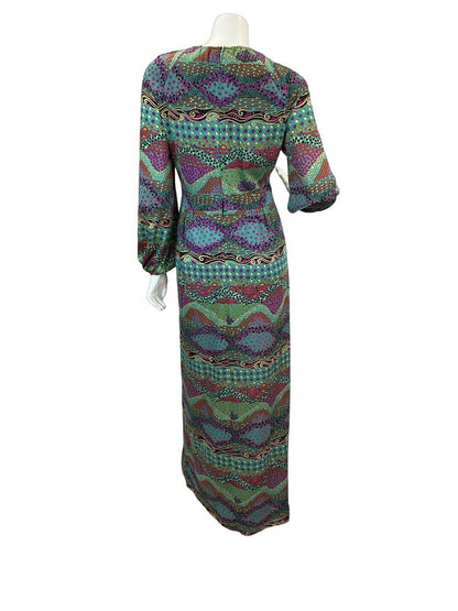 VTG 70S PSYCHEDELIC BLUE GREEN PURPLE PATTERN MAXI DRESS 10 12