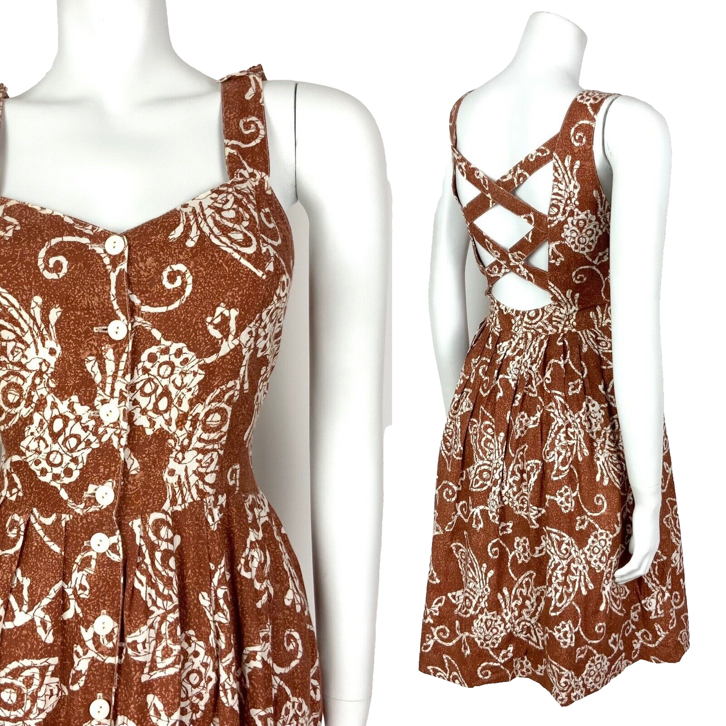 VTG 70s 80s BROWN WHITE FLORAL BATIK STRAPPY CROSS BACK SUMMER SUNDRESS 10