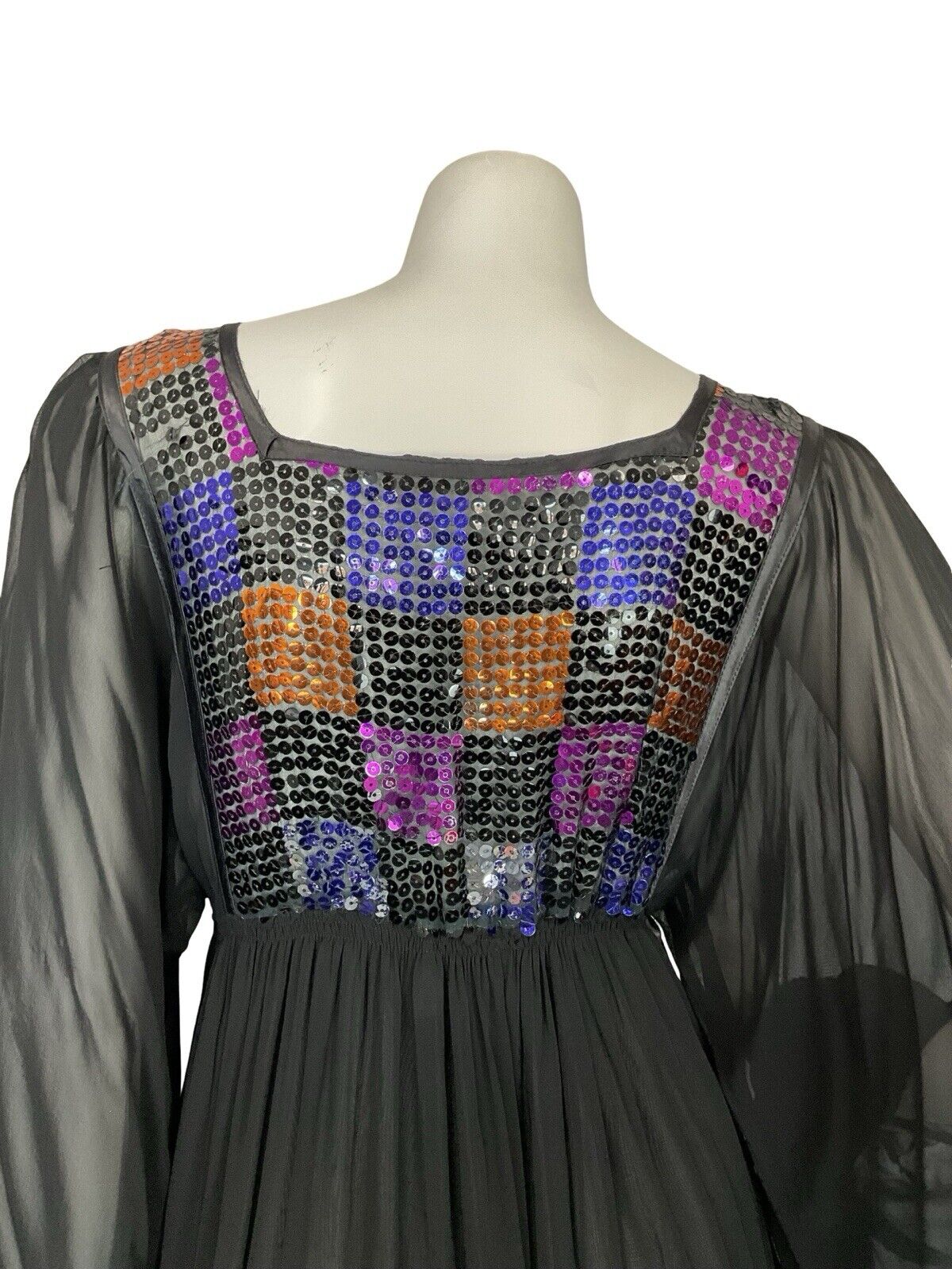 VTG 70S DISCO MESH BLACK PURPLE ORANGE SEQUIN BATWING FLOATY PARTY DRESS 6 8