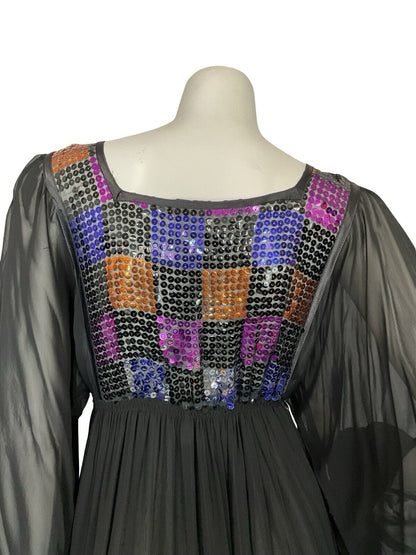 VTG 70S DISCO MESH BLACK PURPLE ORANGE SEQUIN BATWING FLOATY PARTY DRESS 6 8