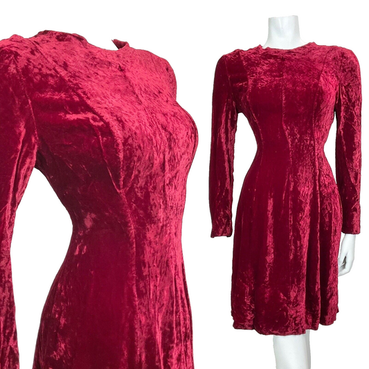 VINTAGE 60s 70s 80s RUBY RED VELVET PARTY LONGSLEEVE SWING DRESS 10 12