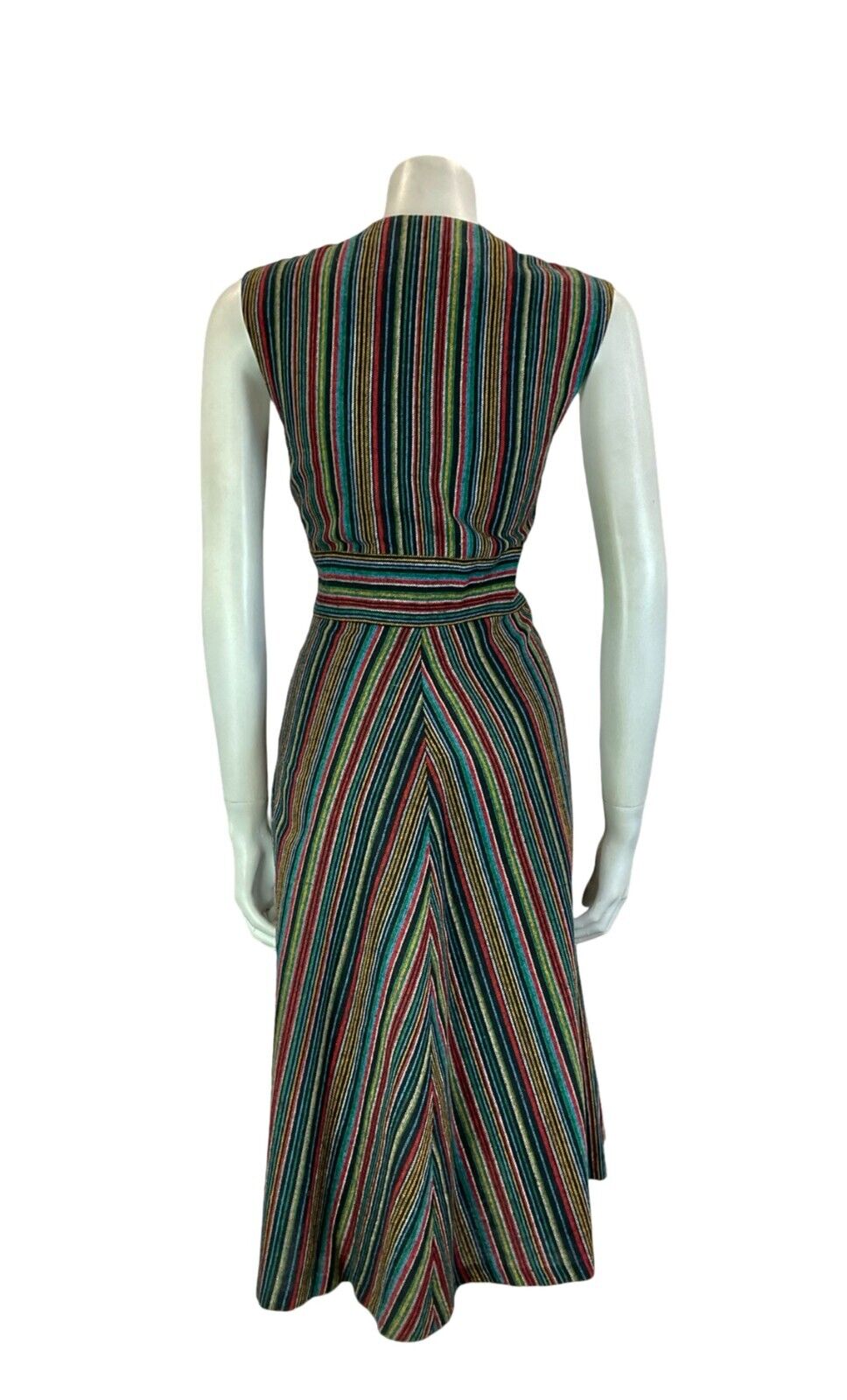 VTG 70S SWEDISH FOLK BLACK BLUE RED GREEN STRIPED TUNIC MIDI LACE UP DRESS 10