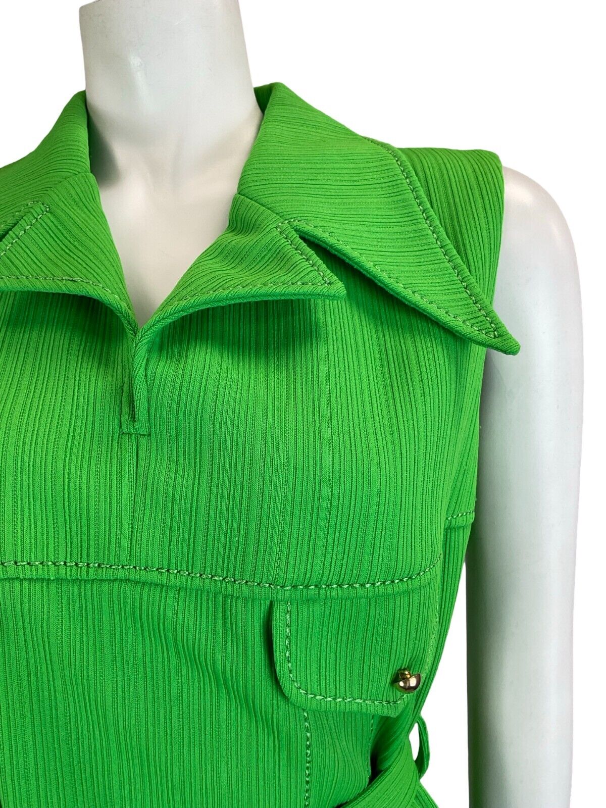 VTG 60S 70S BRIGHT GREEN STRIPED JOHHNY COLLAR SLEEVELESS BELTED SHIRT DRESS 10