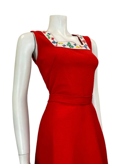 VTG 60S BUTTERFLY PAISLEY RED SLEEVELESS MINI DRESS WITH BELT SIZE 10 12