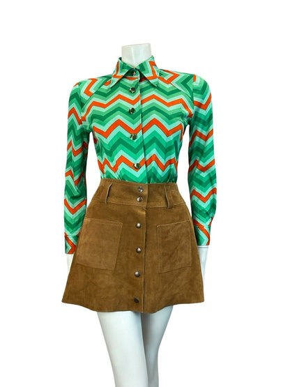 VTG 60S 70S GREEN RED ZIG ZAG GEOMETRIC WING COLLAR SHIRT SIZE 10