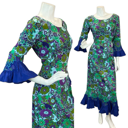 VTG BLUE GREEN PURPLE TRIPPY FLORAL PATTERN ANGEL SLEEVE MIDAXI DRESS 10 12