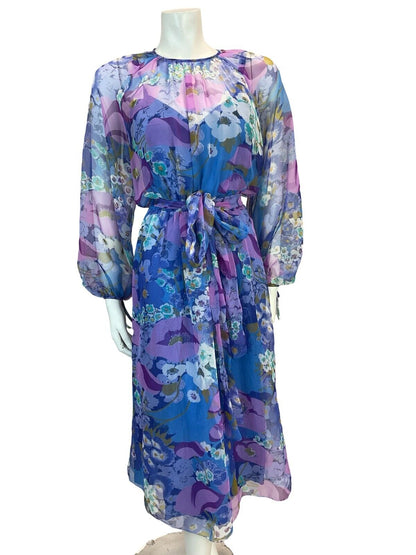 VTG 70S FLOATY SHEER CHIFFON FLORAL MIDI DRESS BLUE PURPLE WHITE 10 12