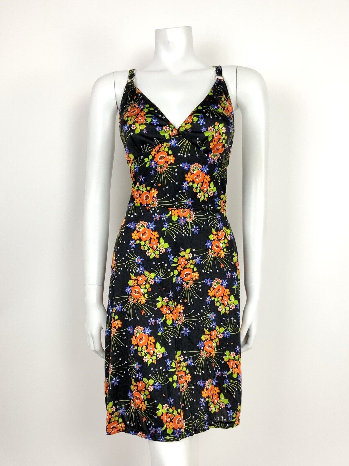 VTG 60s 70s BLACK BLUE ORANGE GREEN FLORAL HAWAIIAN SUMMER HALTER DRESS 10