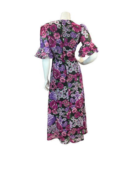 VTG 70S FLORAL BELL SLEEVE RUFFLE MAXI DRESS PINK PURPLE WHITE BLACK 10 12