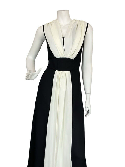 VTG 60S BLACK WHITE FLOATY RUCHED GRECO ROMAN EVENING MAXI DRESS M 12 14