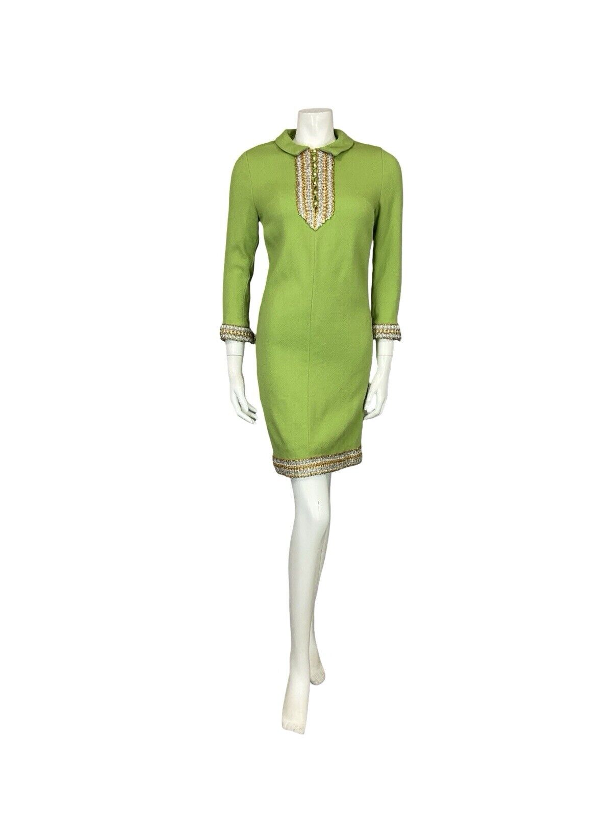 VTG 60S LIME GREEN GOLD SILVER LONG SLEEVE HIPPY BOHO PARTY TUNIC MIDI DRESS 4 6