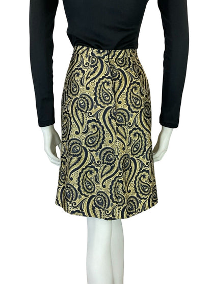 VTG 60S MOD BOHO GOLD BLACK METALLIC PAISLEY PARTY EVENING MINI SKIRT 10