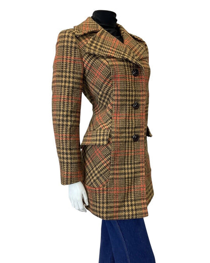 VINTAGE 60s 70s BROWN CREAM ORANGE GLEN PLAID CHECKED MOD WOOL COAT 10 12