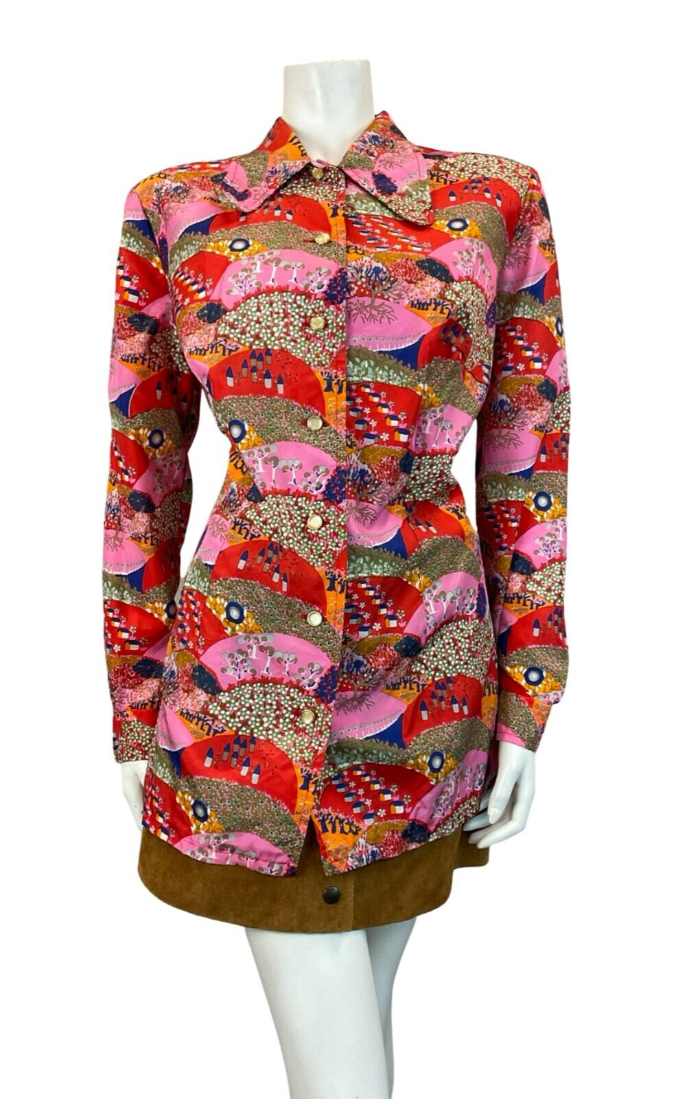 VTG 60S 70S PSYCHDELIC LANDSCAPE PINK RED NAVY BLUE DOG EAR COLLAR SHIRT 18