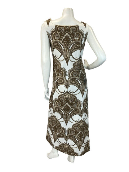 VTG 60S WHITE CREAM GREEN RED PAISLEY MAXI SHIFT DRESS MOD FORMAL 10 12