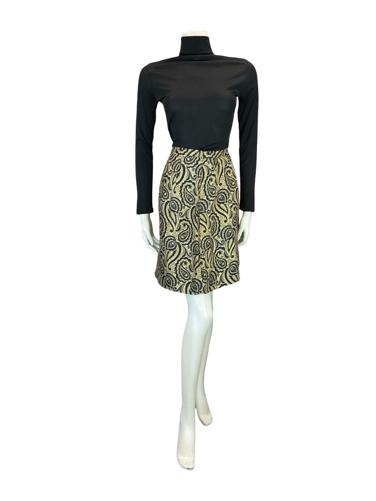 VTG 60S MOD BOHO GOLD BLACK METALLIC PAISLEY PARTY EVENING MINI SKIRT 10