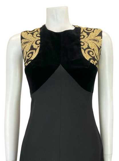 VTG 60S MOD BLACK WOOL GOLD BROCADE SLEEVELESS VELVET EVENING DRESS 10