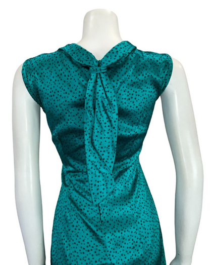 VTG 60S TEAL BLUE BLACK DOTTY SHINY TIE NECK SLEEVELESS OCCASION DRESS 12