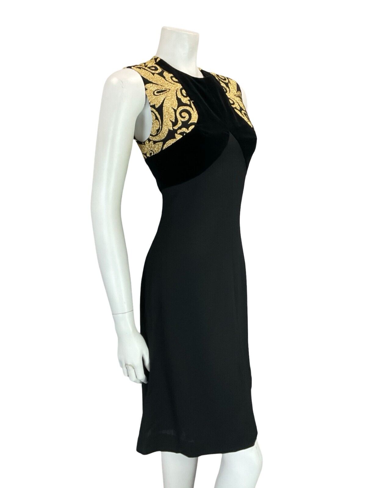 VTG 60S MOD BLACK WOOL GOLD BROCADE SLEEVELESS VELVET EVENING DRESS 10