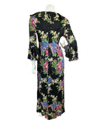 VTG 70S HYDRANGEA FLORAL BLACK PINK BLUE MAXI DRESS 8 10