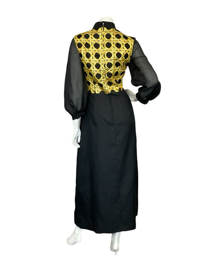 VTG 60S 70S BLACK GOLD MESH BALLOON SLEEVE GEOMETRIC PARTY EVENING MAXI DRESS 14