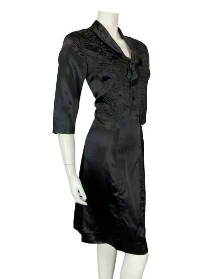 VTG 60S 1/2 SLEEVE BLACK SATIN TIE NECK EMBELLISHED BEADED LITTLE BLACK DRESS 12