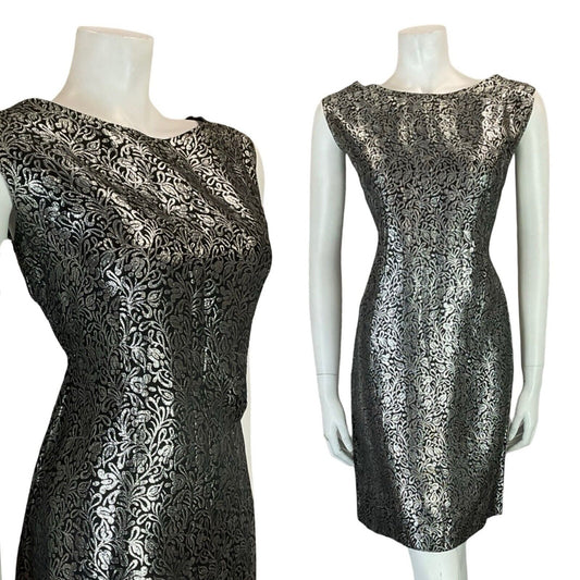 VTG 60S MOD BLACK SILVER FLORAL SHINY PARTY SLEEVELESS MINI DRESS SIZE 14 16