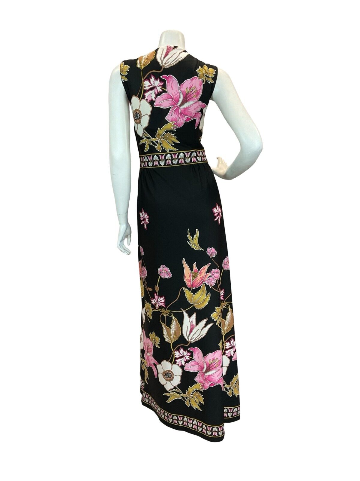 VTG 1970S BLACK PINK WHITE FLORAL WEDDING FORMAL MAXI DRESS 10 12