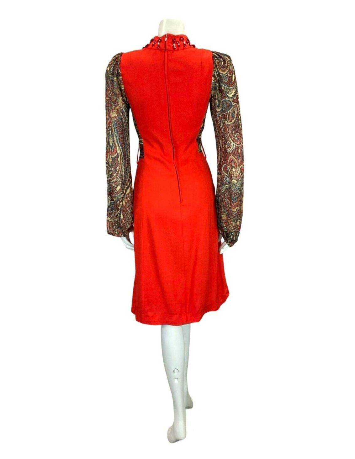 VTG 60S 70S RED CREAM BEADED PSYCHEDELIC PAISLEY LUREX LONG SLEEVE DRESS 4