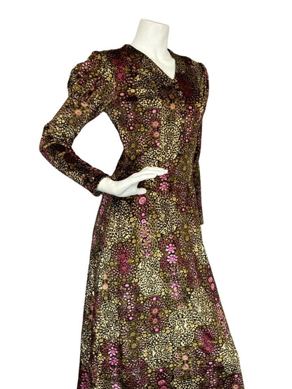 VTG 70S BOHO PRINCESS BROWN PINK DOTTY VELVET MUTTON SLEEVE V NECK MAXI DRESS 6